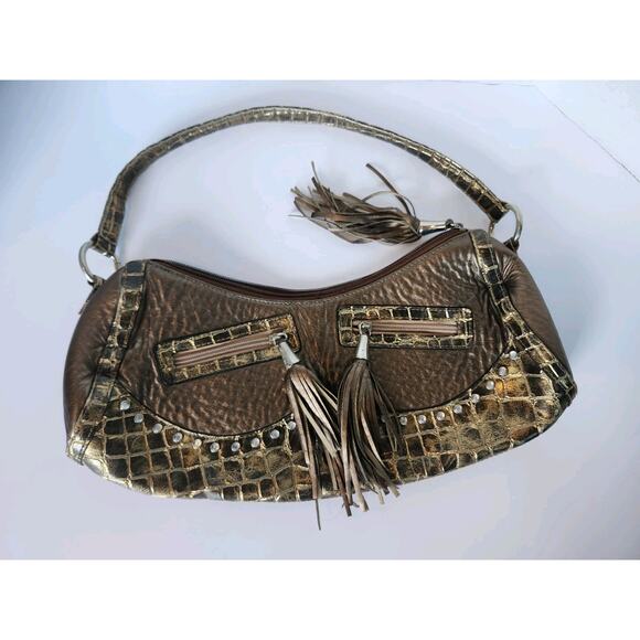 Vtg 90s Y2k Metallic Baguette Handbag Moc Croc Vegan Leather Rhinestone Studded - Picture 2 of 7